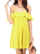Romwe Yellow Cold Shoulder Ruffle Dress