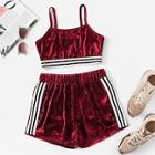 Romwe Side Stripe Crushed Velvet Cami Top With Shorts