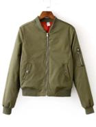 Romwe Army Green Zipper Bomber Jacket With Arm Pocket
