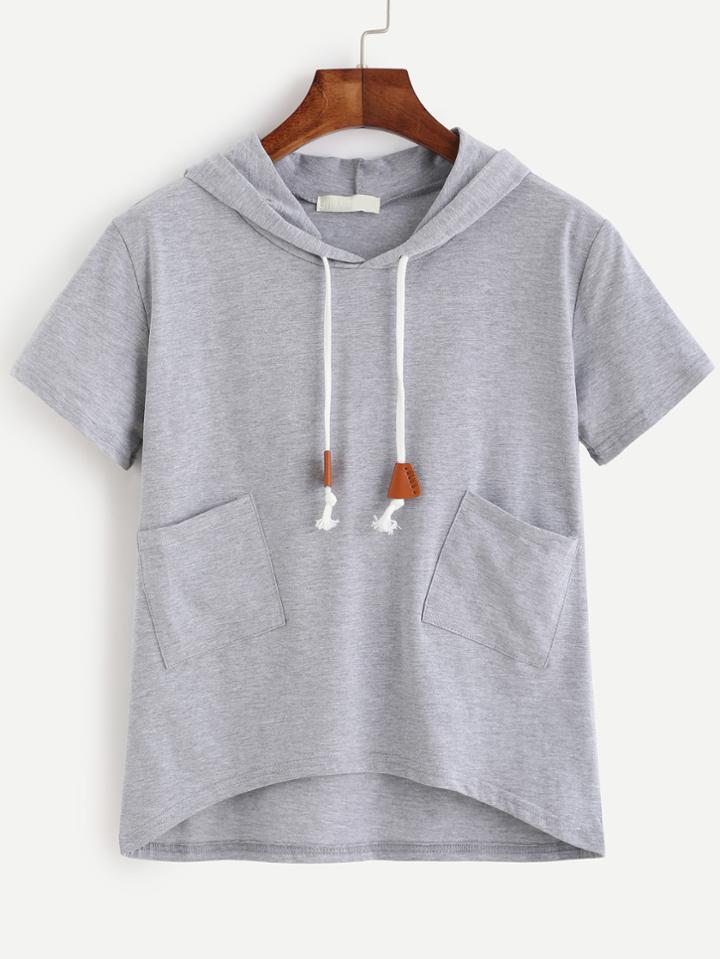 Romwe Grey Short Sleeve Pockets Hooded T-shirt
