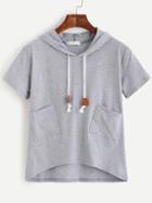 Romwe Grey Short Sleeve Pockets Hooded T-shirt