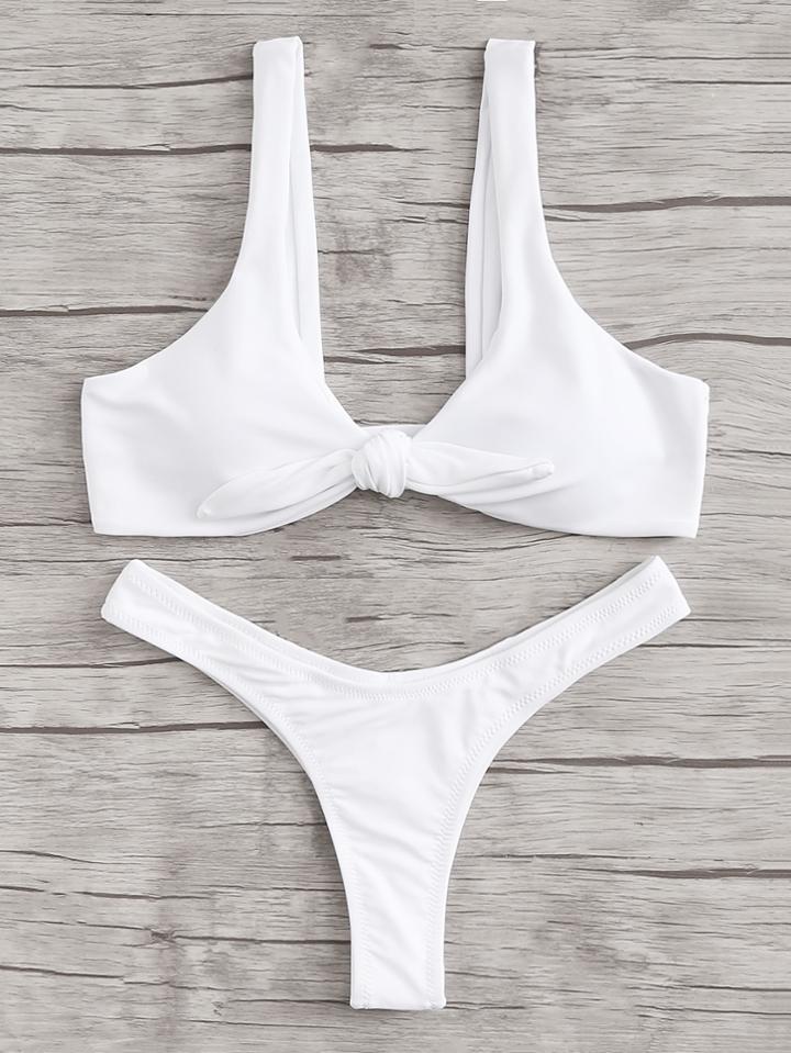 Romwe Ruched Detail Knot Bikini Set