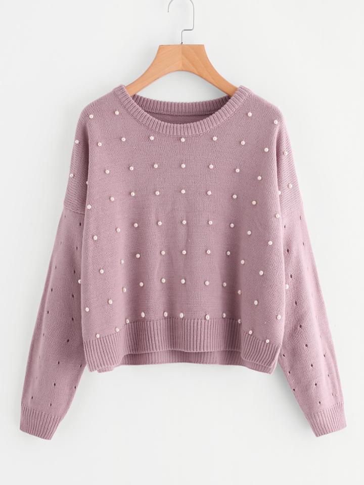 Romwe Drop Shoulder Pearl Embellished Eyelet Sweater