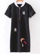 Romwe Black Short Sleeve Zipper Front Embroidery Dress