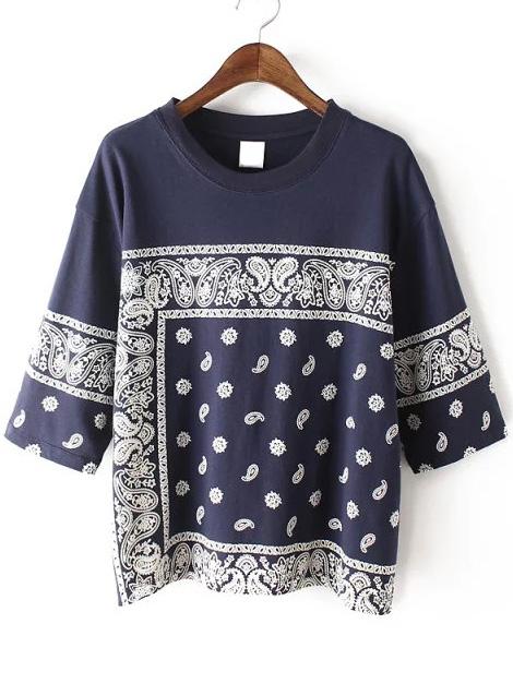 Romwe Paisley Print Navy T-shirt
