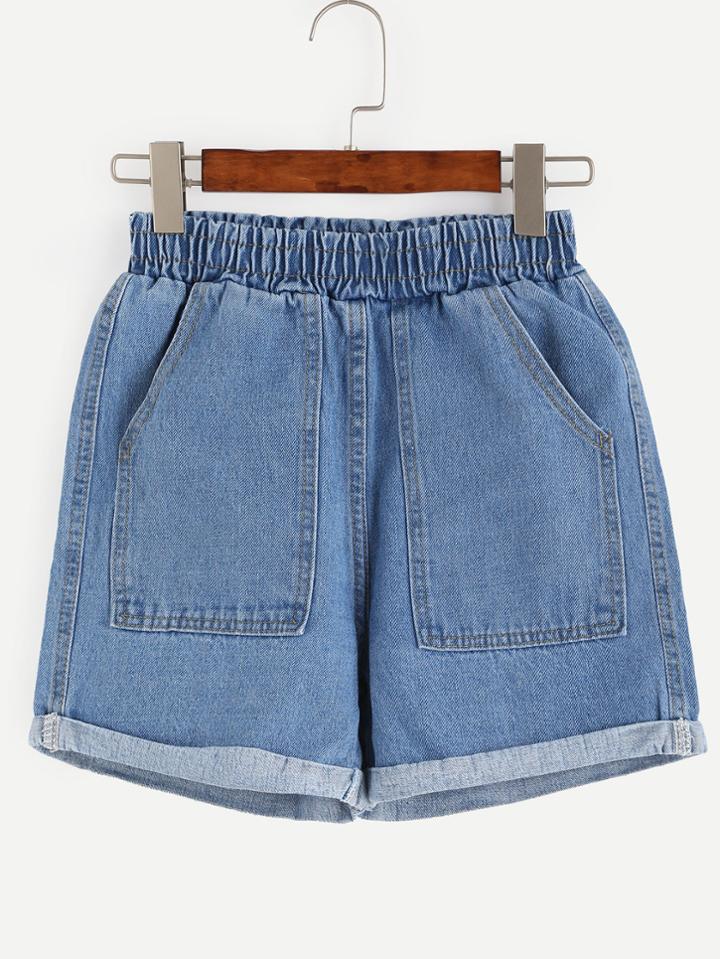 Romwe Blue Elastic Waist Roll Hem Denim Shorts