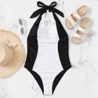 Romwe Two Tone V Neck Swimsuit