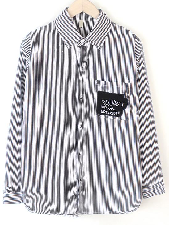 Romwe Black Vertical Striped Letters Embroidered Blouse With Pocket