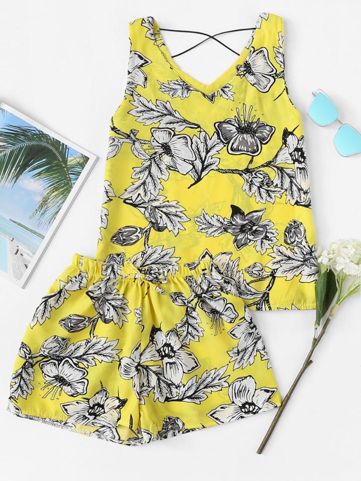 Romwe Floral Print Criss Cross Back Top With Shorts