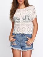 Romwe Apricot Short Sleeve Sheer Lace Crop Blouse