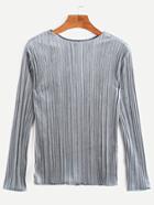 Romwe Grey Velvet Pleated Long Sleeve T-shirt