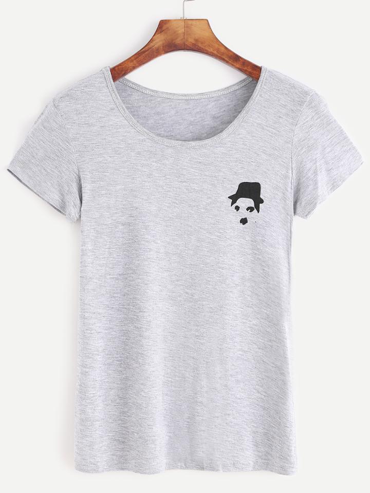 Romwe Light Grey Portrait Print T-shirt