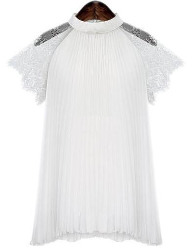 Romwe White High Neck Lace Insert Chiffon Blouse