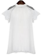 Romwe White High Neck Lace Insert Chiffon Blouse