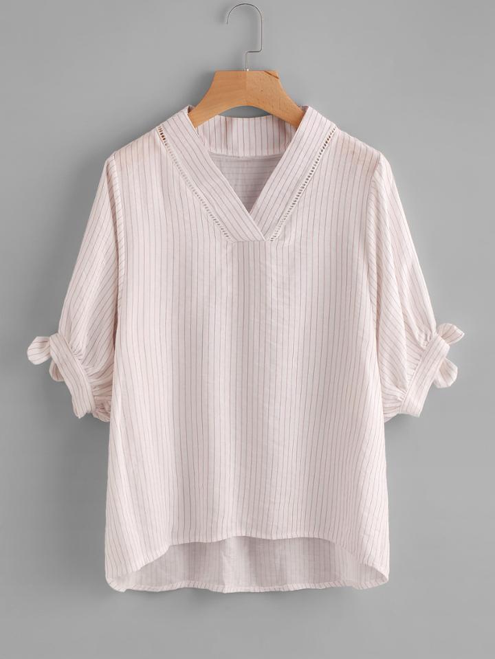 Romwe V Neckline Striped Dip Hem Knot Cuff Blouse