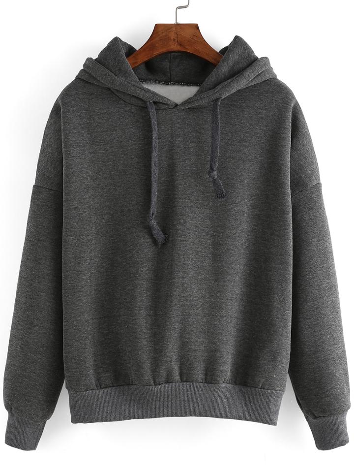 Romwe Hooded Drawstring Thicken Grey Sweatshirt