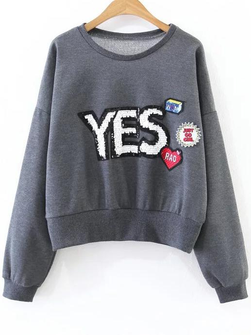Romwe Grey Sequin Detail Drop Shoulder Sweatshirt