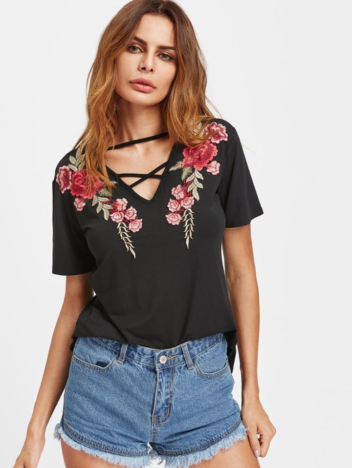 Romwe Crisscross V Neck Rose Patch Tee