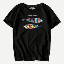 Romwe Men Fish Print Cuffed Tee