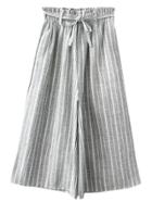 Romwe Grey Pockets Tie-waist Bow Vertical Stripe Wide Leg Pants