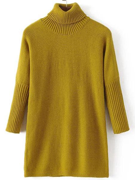 Romwe Green Turtle Neck Ribbed Detail Long Sweater