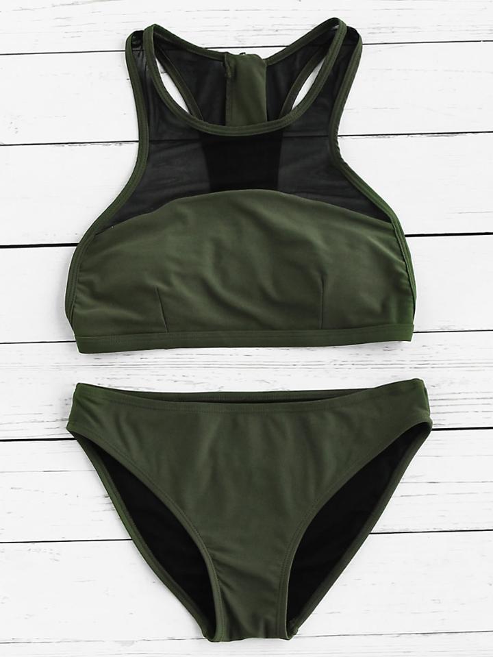 Romwe Mesh Detail Racer Back Bikini Set