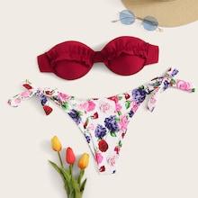 Romwe Frill Trim Underwire Bandeau With Random Floral Bikini
