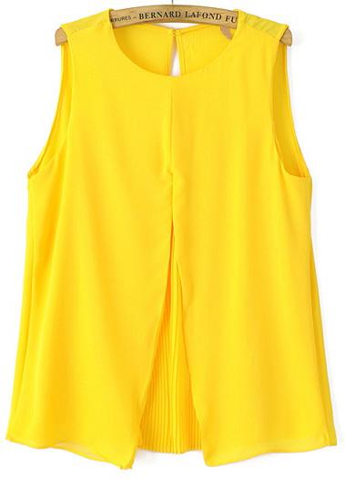 Romwe Yellow Round Neck Pleated Loose Tank Top