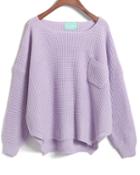 Romwe Purple Long Sleeve Pockets Dipped Hem Sweater