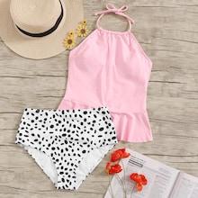 Romwe Ruffle Halter Top With High Waist Dot Tankini Set