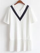 Romwe Color Panel V-neck Pleated Chiffon Trimmed Dress - White