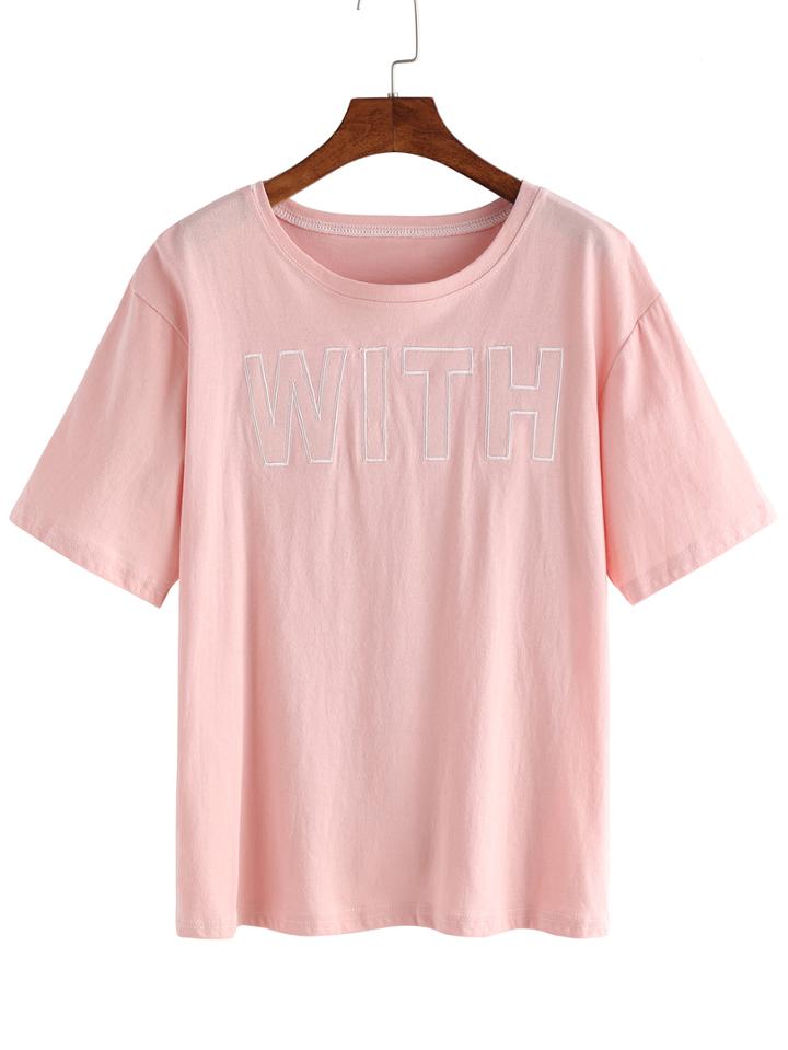 Romwe Pink Letters Embroidered T-shirt