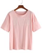 Romwe Pink Letters Embroidered T-shirt