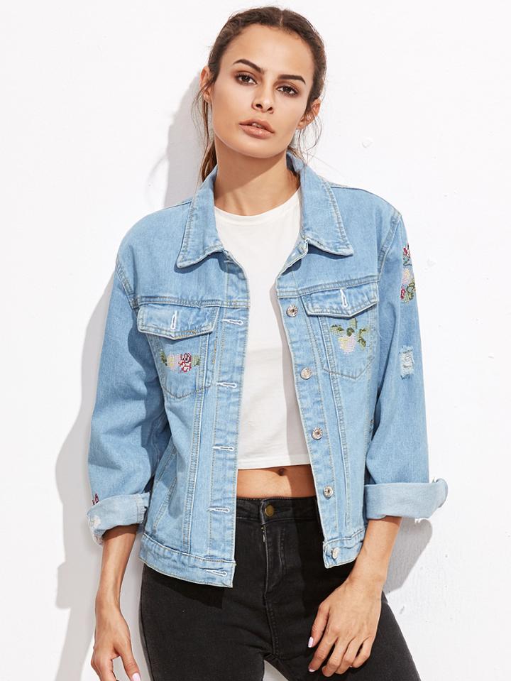 Romwe Blue Ripped Embroidery Denim Jacket