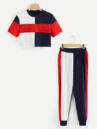 Romwe Color Block Crop Tee With Pants