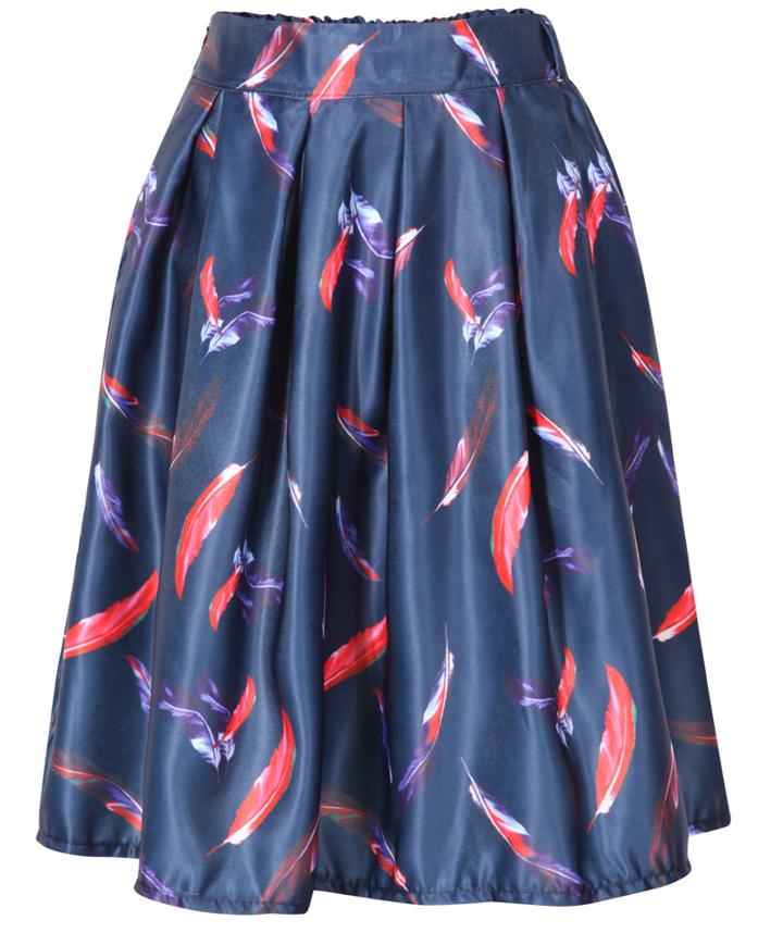 Romwe Leaves Print Pleated Midi Navy Skirt