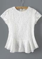 Romwe Short Sleeve Lace Peplum Hem White Top