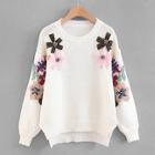 Romwe Flower & Beaded Slit Side Dip Hem Sweater