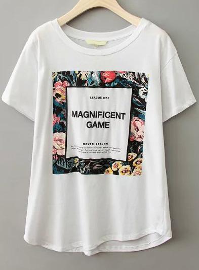 Romwe White Short Sleeve Floral Monogram Print T-shirt