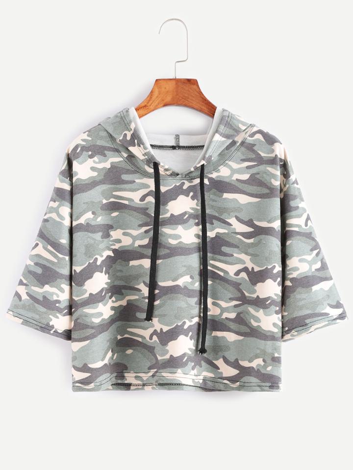 Romwe Camo Print Drawstring Hooded Crop T-shirt