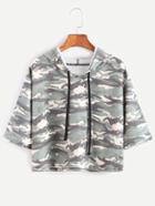 Romwe Camo Print Drawstring Hooded Crop T-shirt