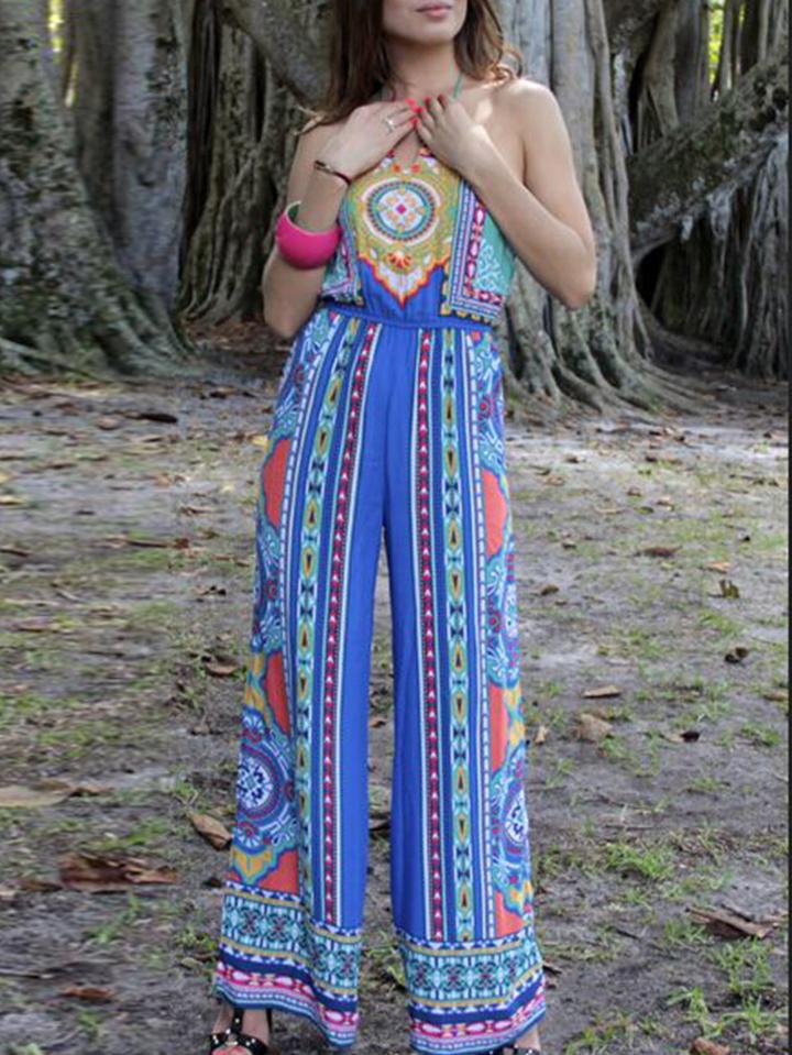 Romwe Halter Tribal Print Wide Leg Jumpsuit