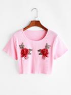 Romwe Pink Flower Embroidered Ribbed Knitted Crop T-shirt
