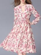 Romwe Pink Round Neck Long Sleeve Print Dress