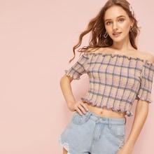 Romwe Shirred Ruffle Trim Plaid Print Crop Blouse