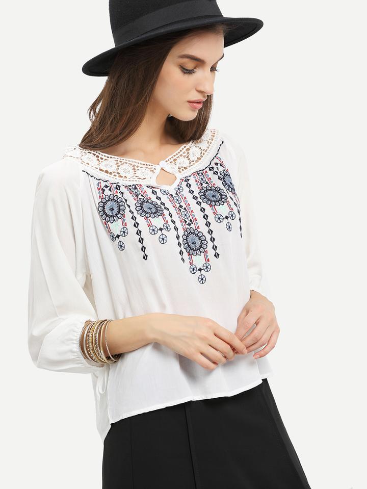 Romwe Lace Trimmed Keyhole Embroidery Blouse