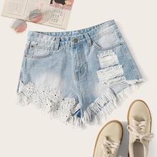 Romwe Lace Appliques Ripped Raw Hem Denim Shorts