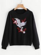 Romwe Red-crowned Crane Embroidered Sweatshirt