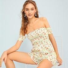 Romwe Ditsy Floral Off The Shoulder Shirred Romper