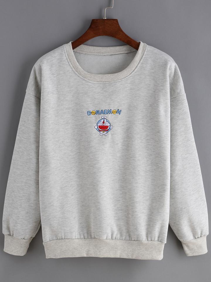 Romwe Round Neck Cartoon Embroidered Sweatshirt